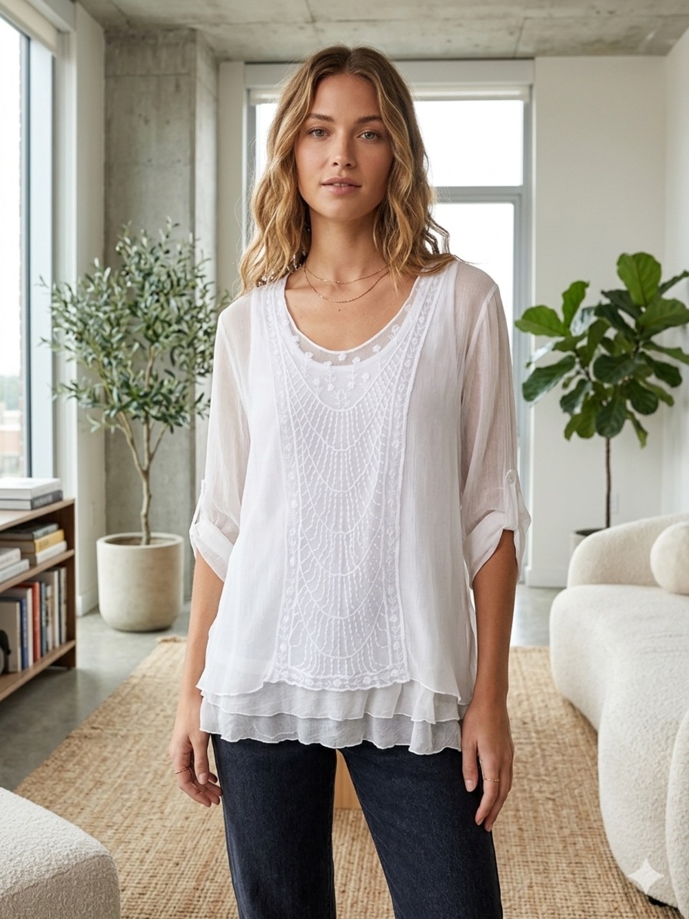 Take 50% OFF- Bellambra White Embroidered Layered Women's Top, Size-L